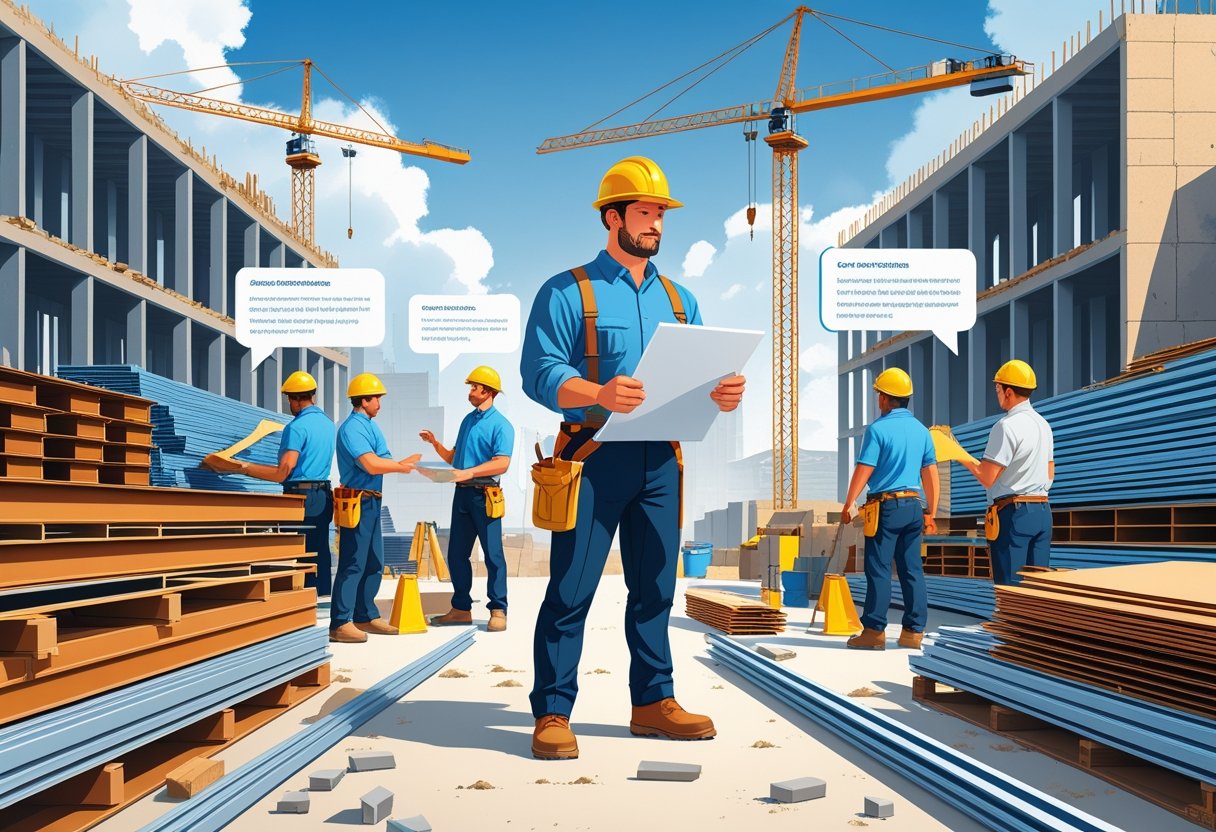 A general contractor oversees subcontractors working with materials and communicating on a busy construction site.