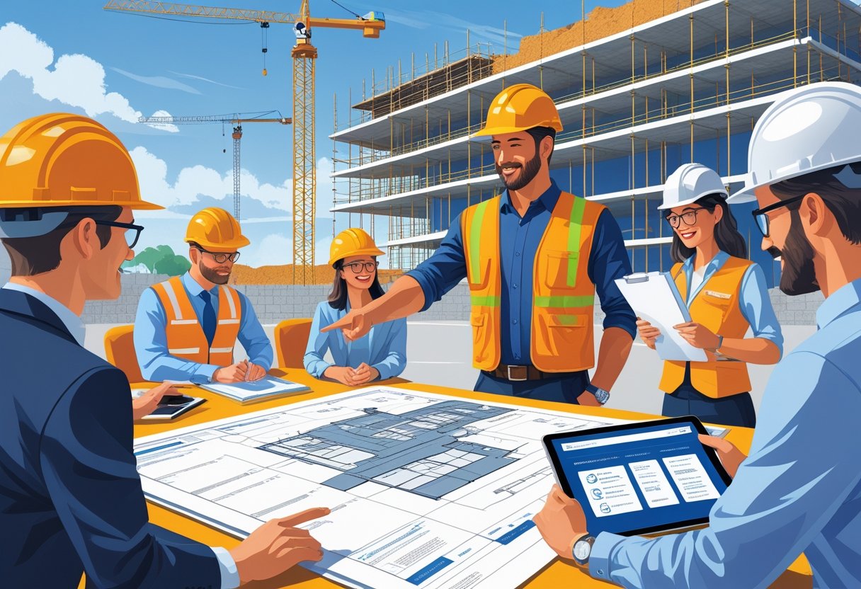 A general contractor leads a meeting with a team around a table covered with blueprints and documents, with a construction site visible in the background.