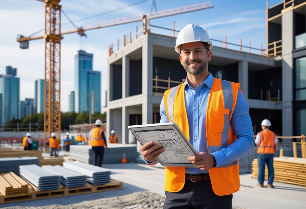 A general contractor wearing a hard hat and safety vest holding blueprints and a tablet at a construction site with workers and cranes, with Toronto cityscape in the background.