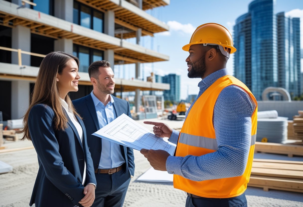 A general contractor wearing a hard hat discusses project plans with clients at a construction site in Toronto.
