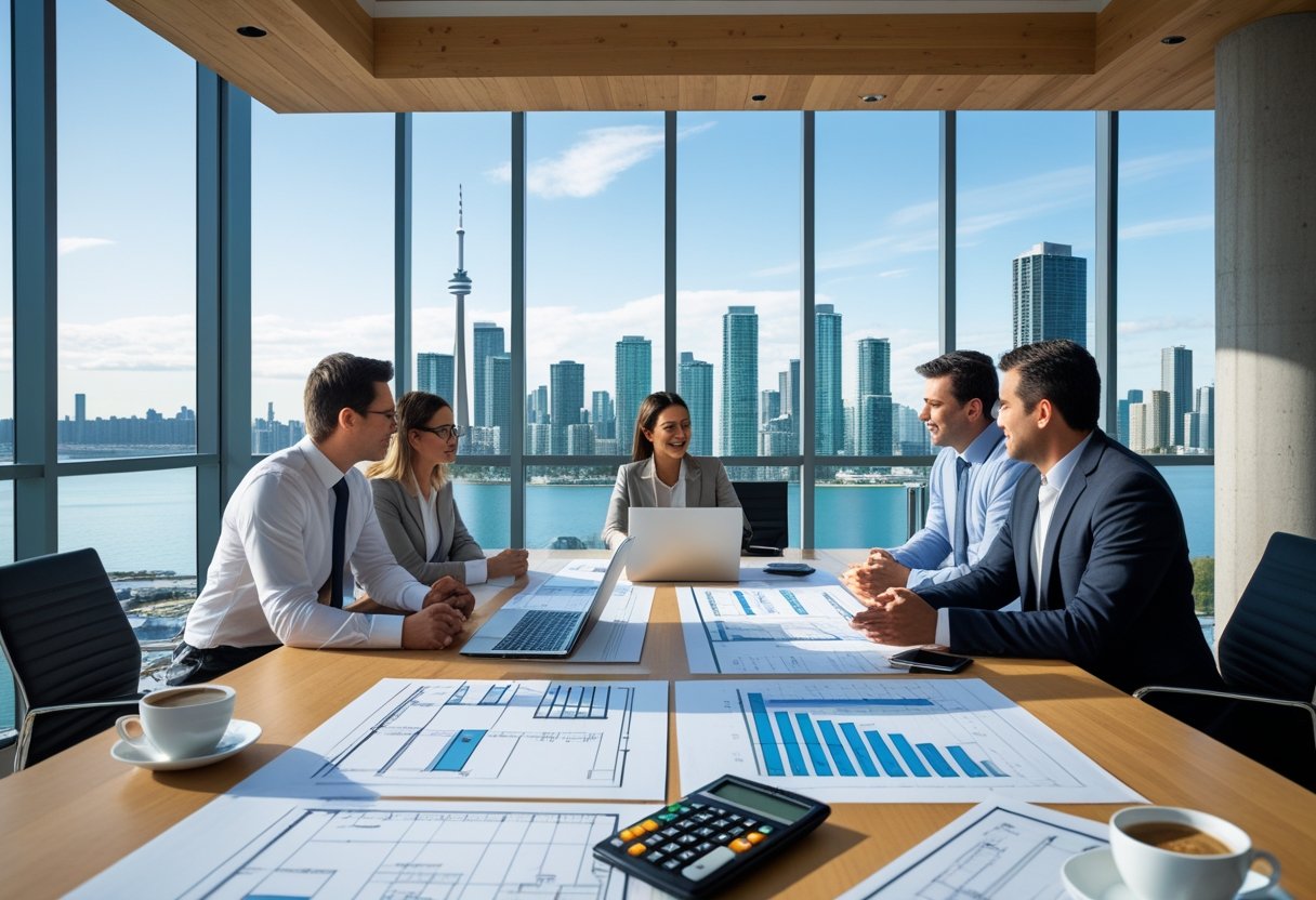 Three professionals discussing construction plans and budgets around a table with blueprints and a laptop, with Toronto skyline visible through a window.