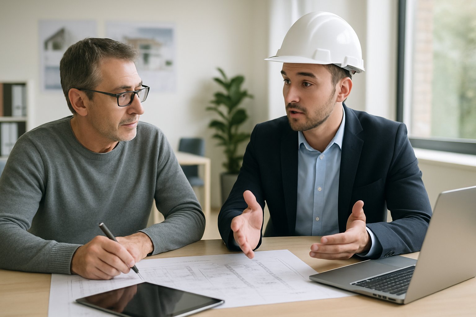 A homeowner and a general contractor discussing plans at a table with blueprints and a laptop in a bright office.