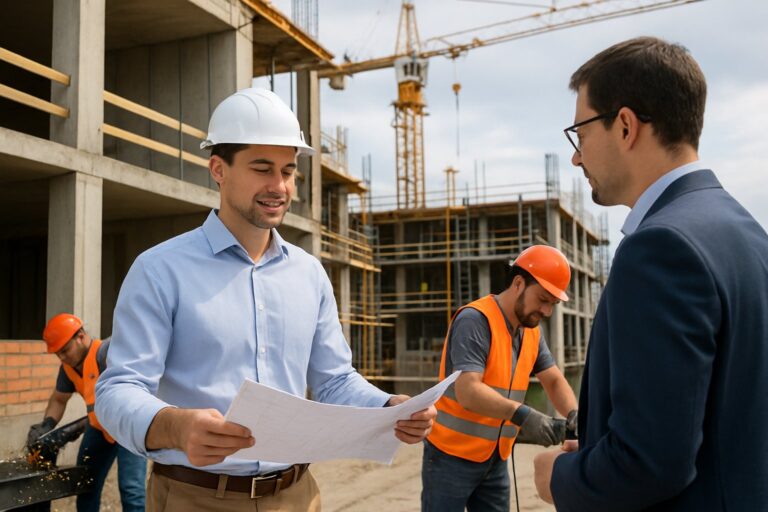 Construction site with workers and plans.