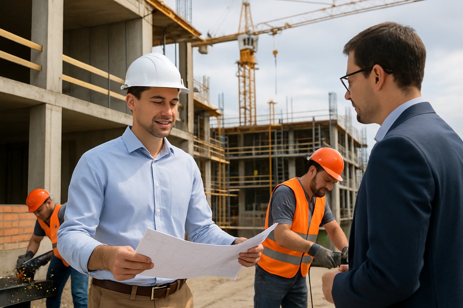 A construction site where a general contractor reviews blueprints while a subcontractor works with equipment nearby, with active building and workers in the background.