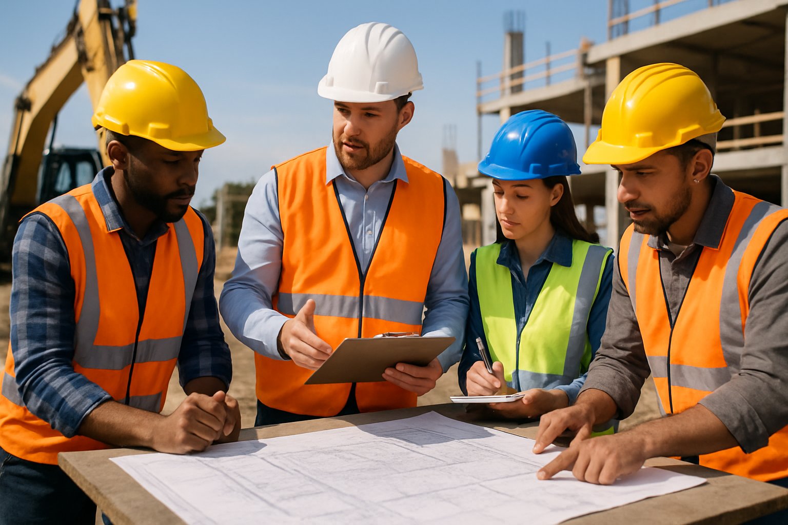 Construction professionals in safety gear reviewing blueprints together at a building site.