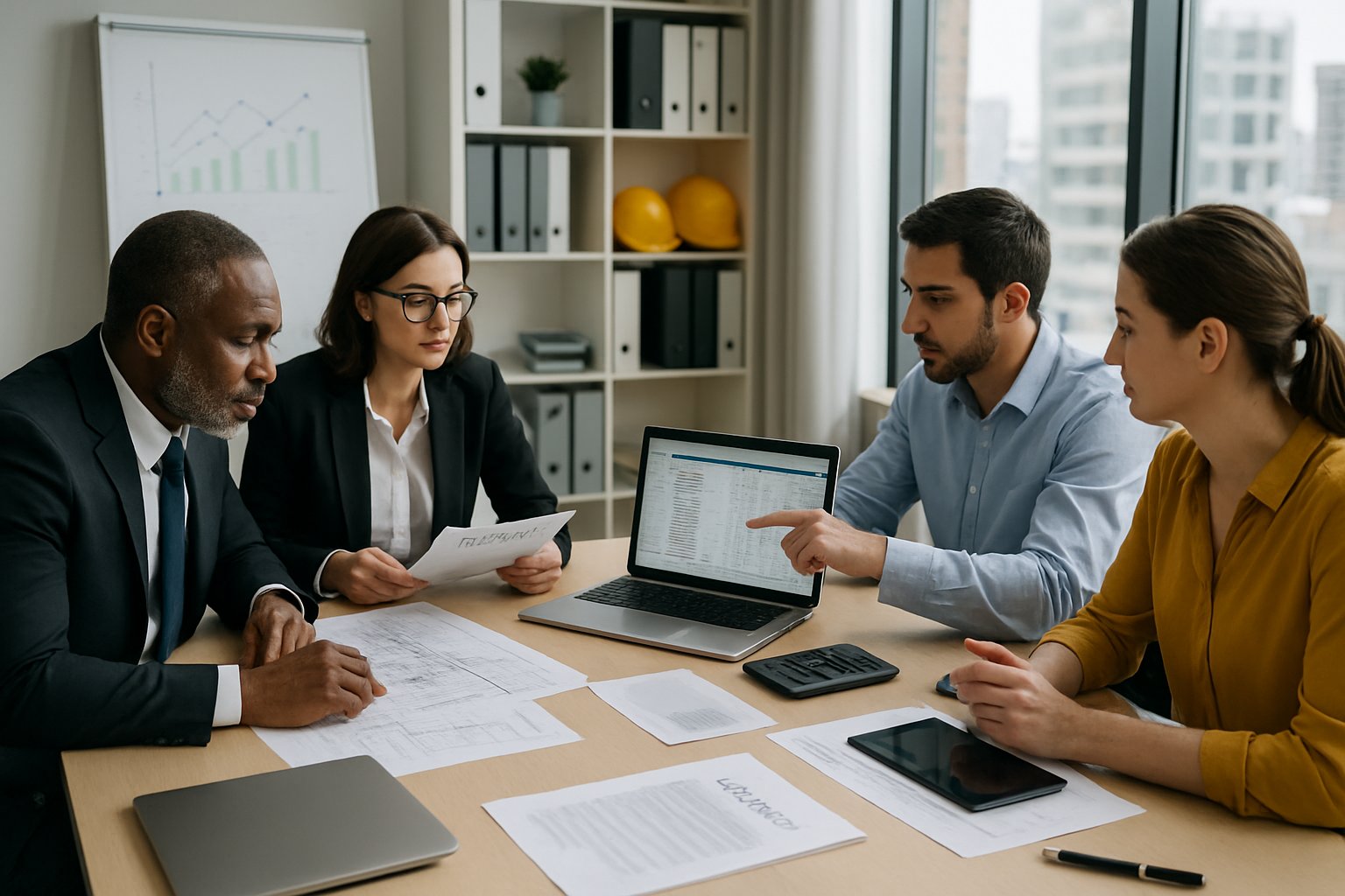Two groups of professionals in a meeting room discussing contracts and budgets with documents, laptops, and blueprints on the table.