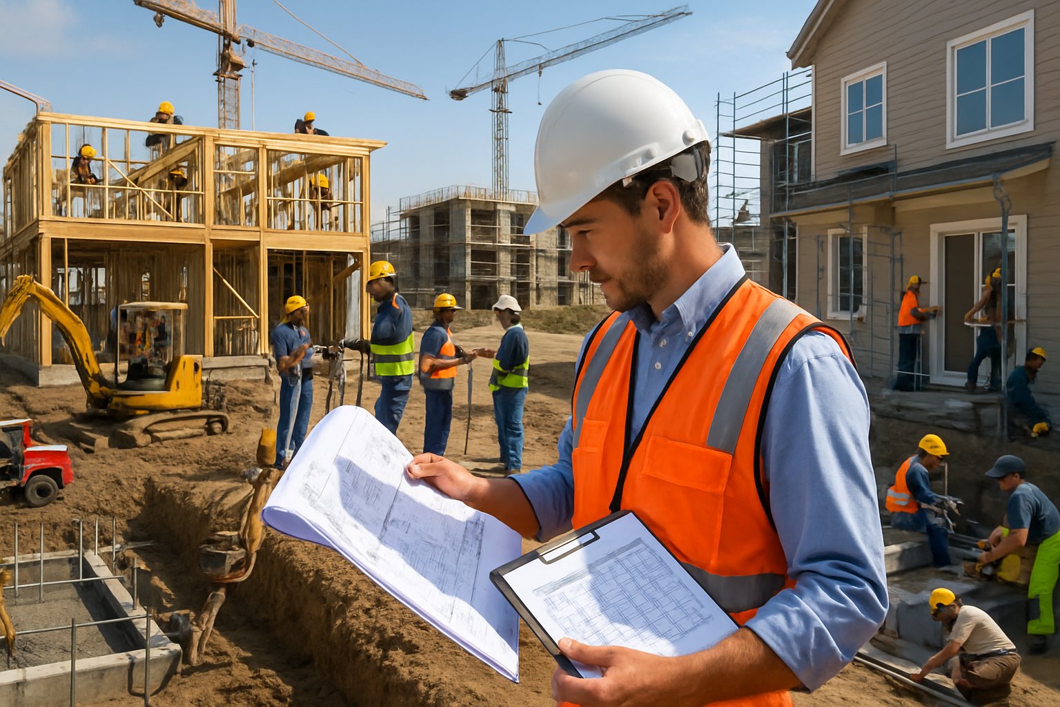 A construction site showing multiple stages of building progress with a general contractor reviewing plans and workers performing various construction tasks.