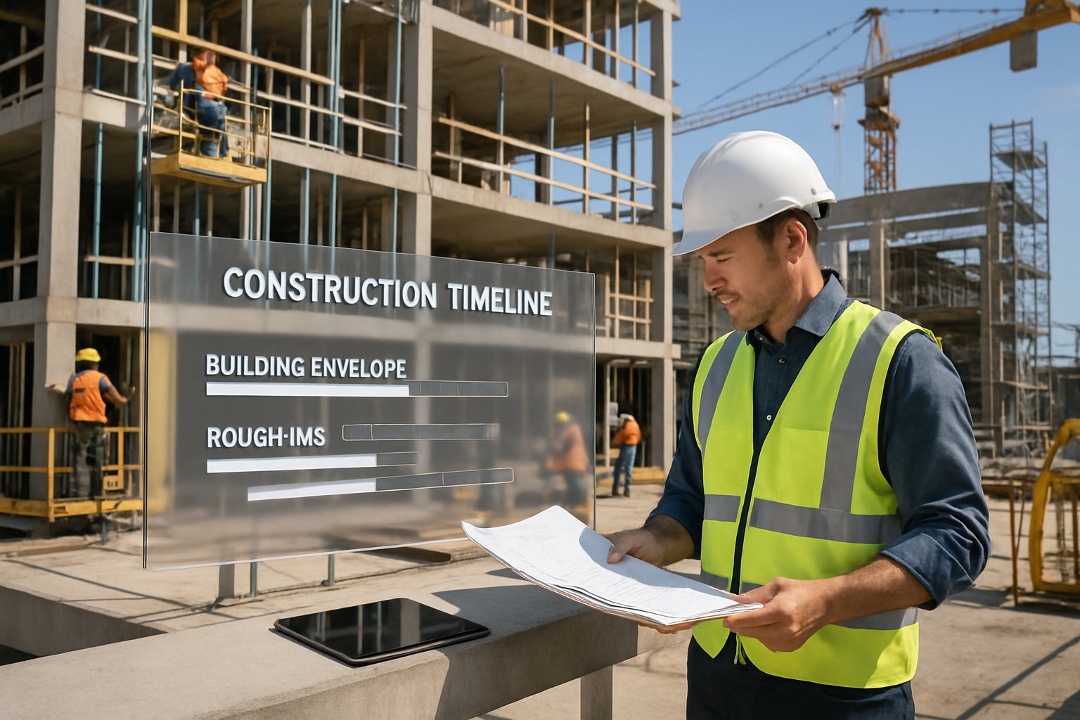 Construction site with workers installing building envelope and rough-ins while a general contractor reviews plans near a timeline chart.