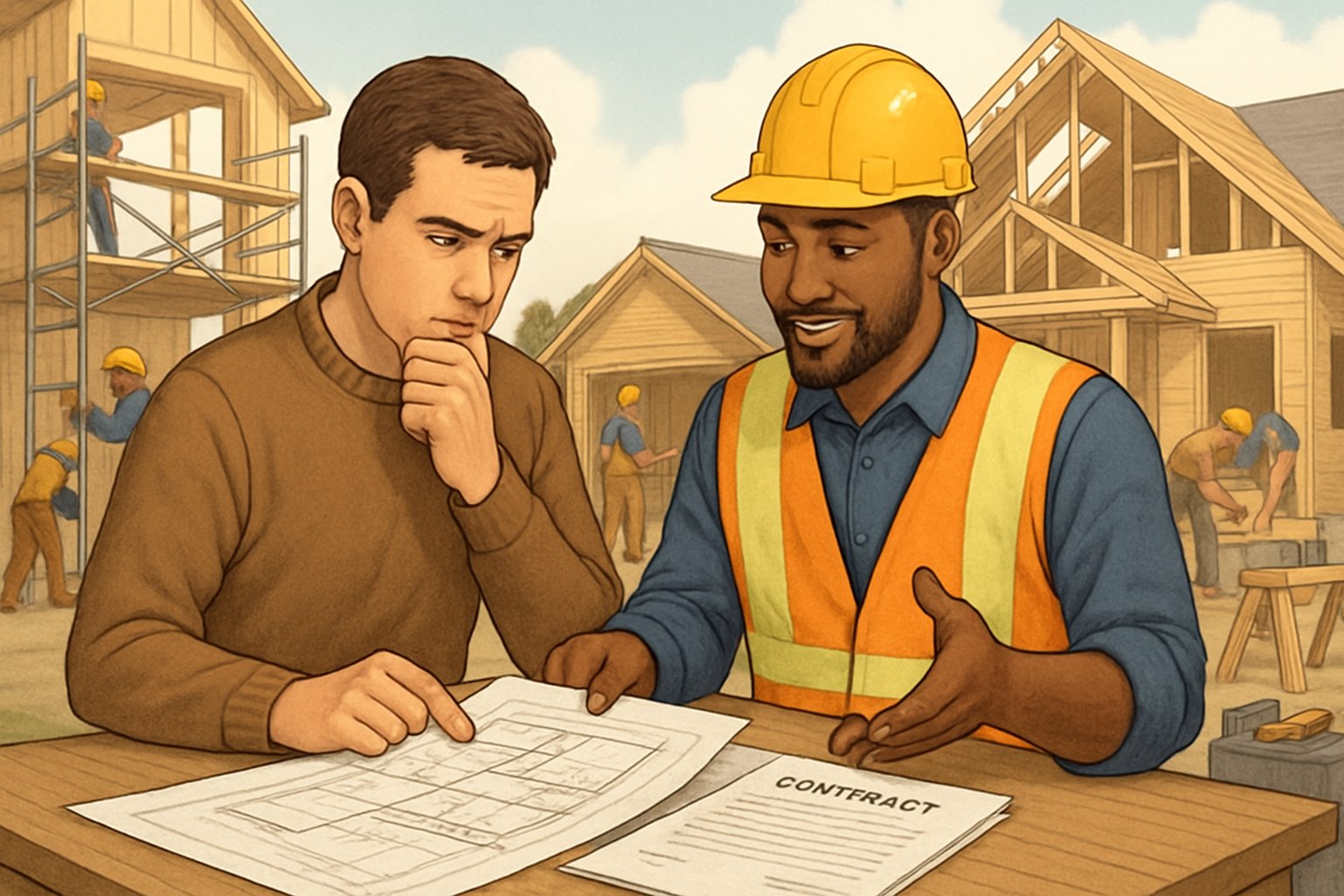 A homeowner and a general contractor reviewing plans together at a construction site with workers building a house in the background.