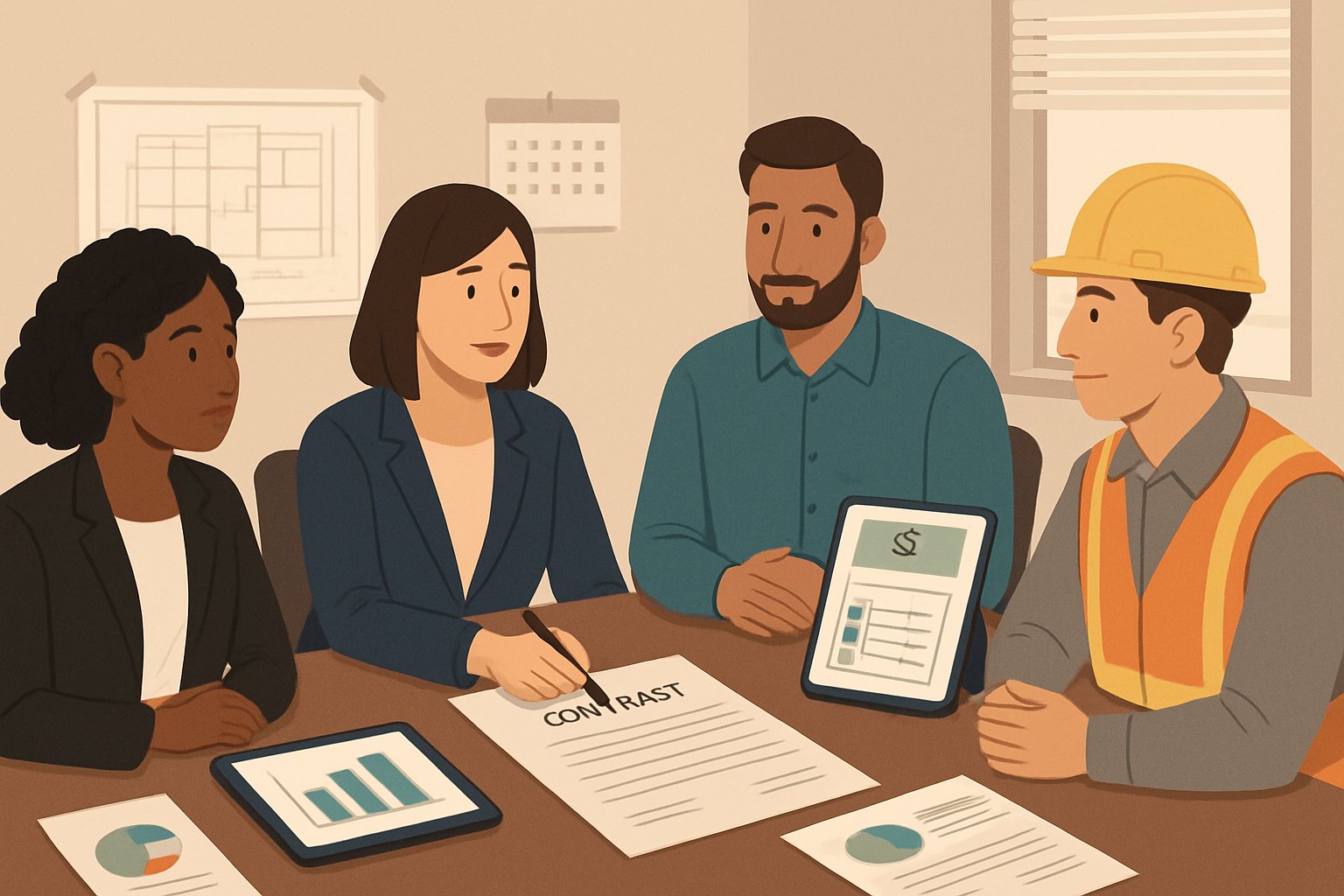 A group of people meeting around a table reviewing contracts and payment documents related to hiring a general contractor.