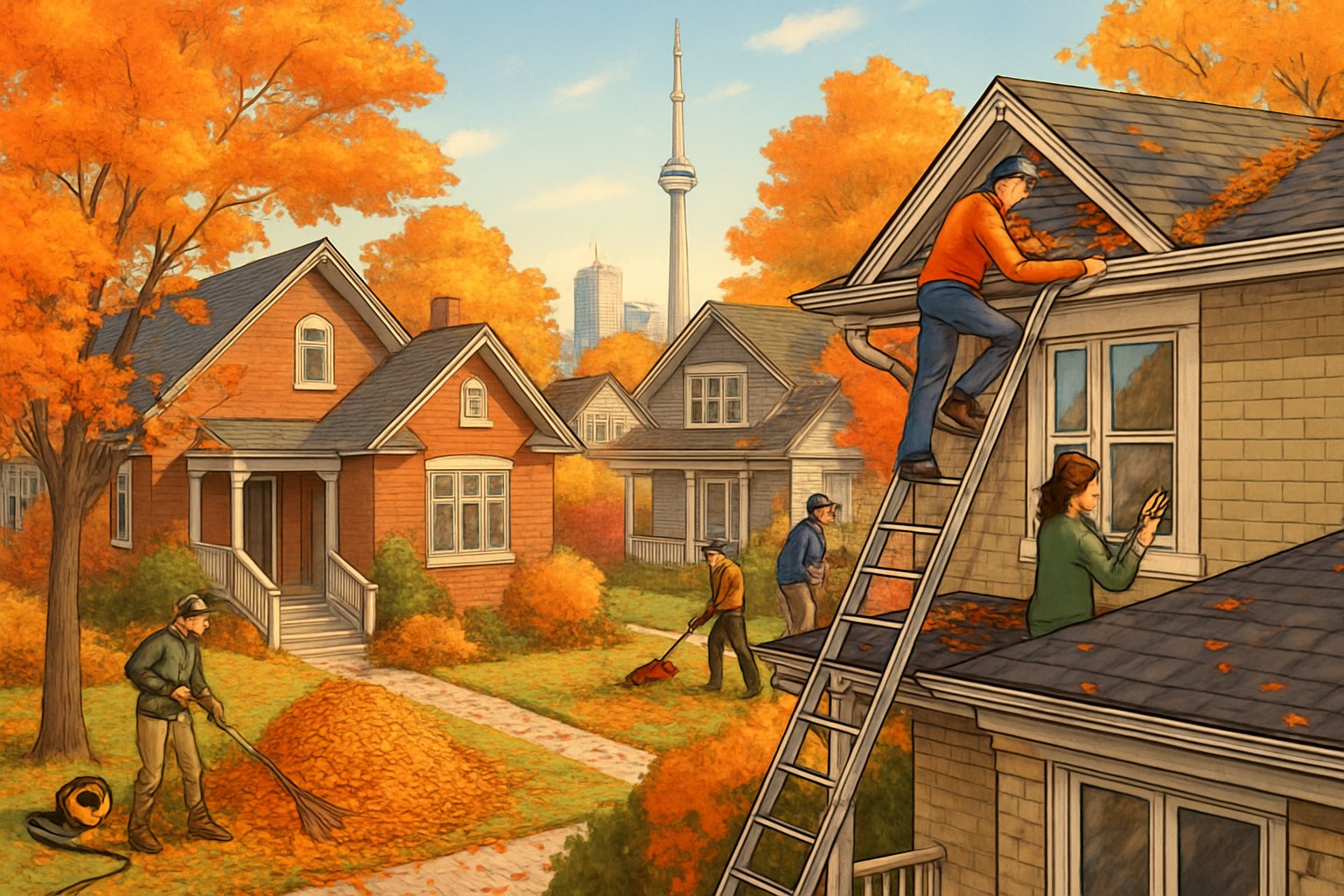 A neighborhood in Toronto during fall with homeowners performing various home maintenance tasks like raking leaves and cleaning gutters among colorful autumn trees.