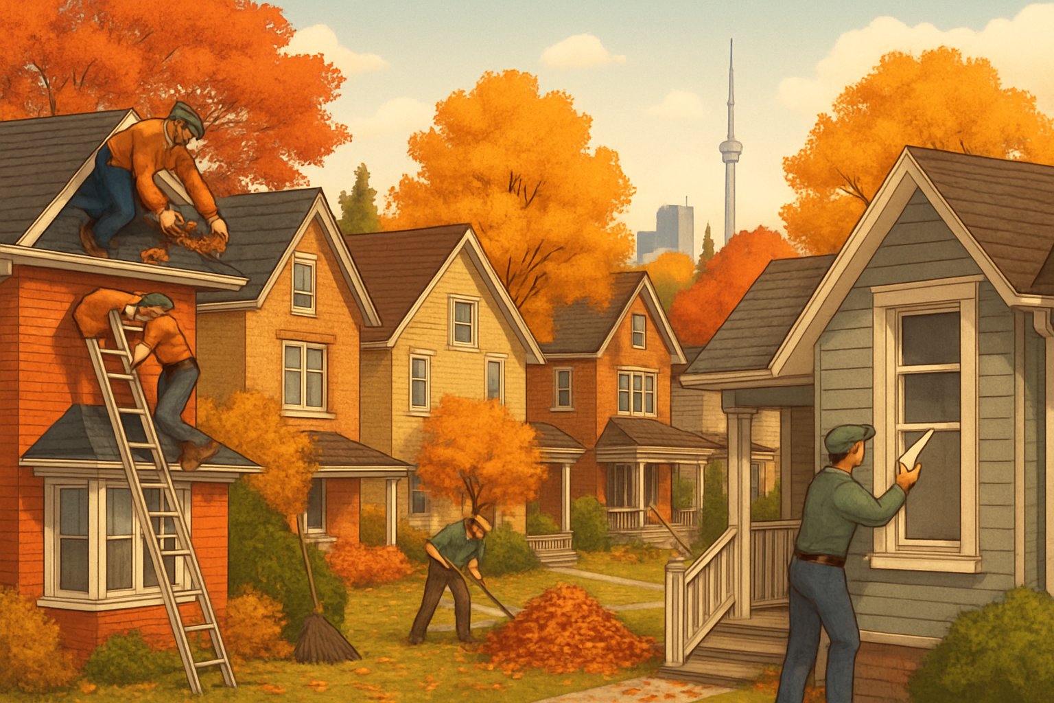 A suburban Toronto neighborhood in fall with colorful trees and a homeowner performing various fall maintenance tasks like cleaning gutters, raking leaves, and inspecting the roof.