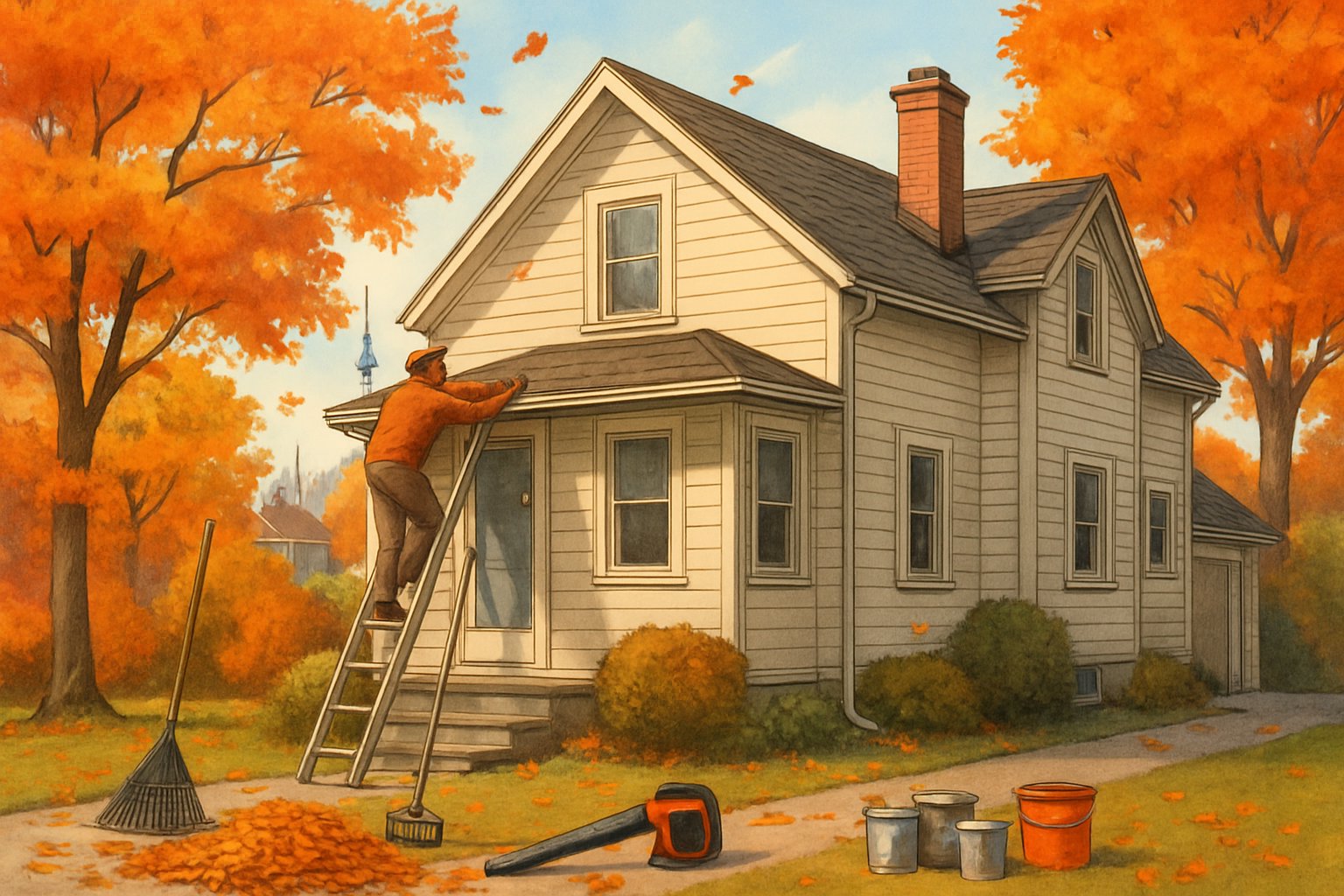 A homeowner performing fall maintenance tasks outside a suburban house surrounded by autumn trees with colorful leaves falling.