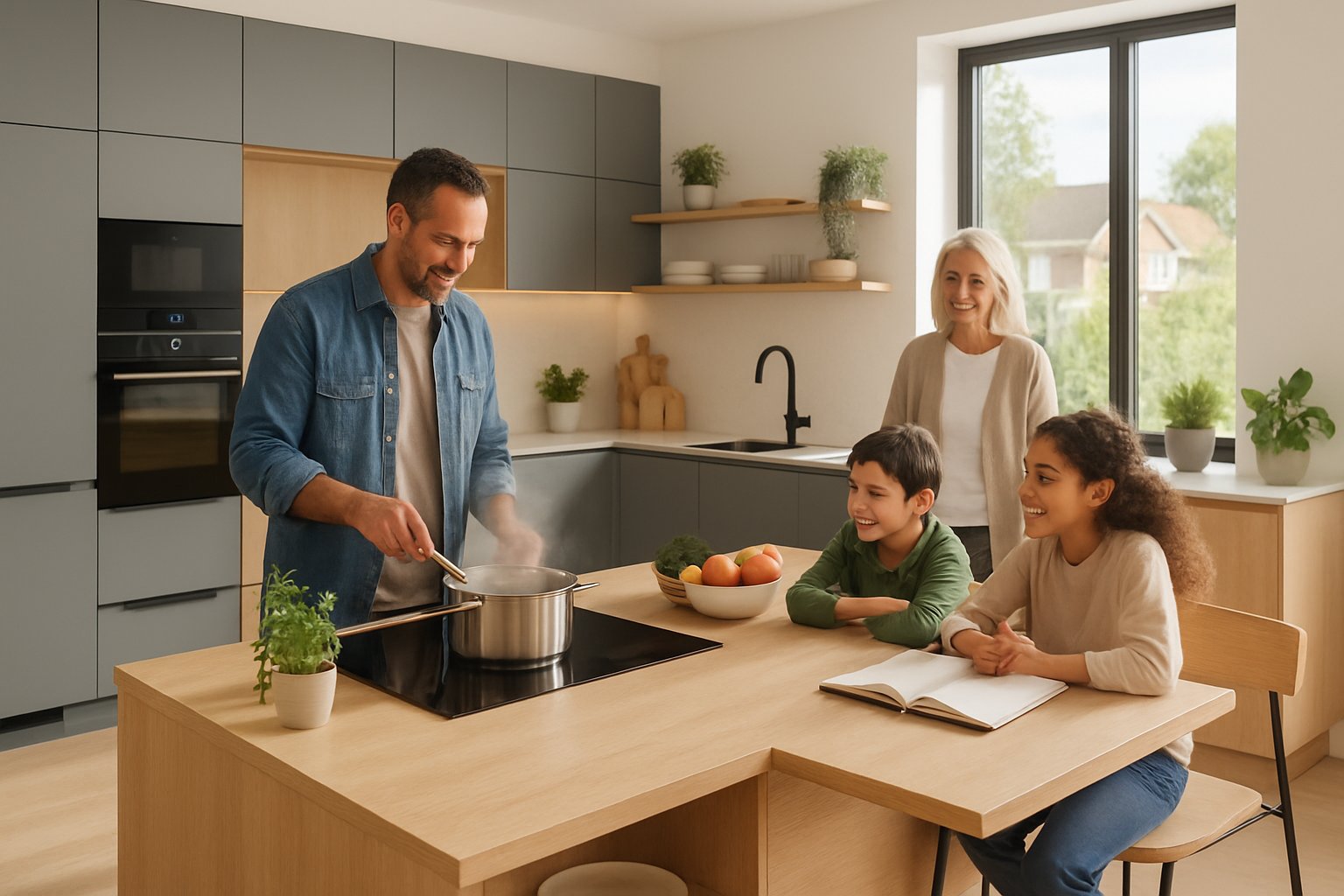 A family in a bright, modern kitchen with an open layout, cooking and interacting around a central island with plants and large windows.