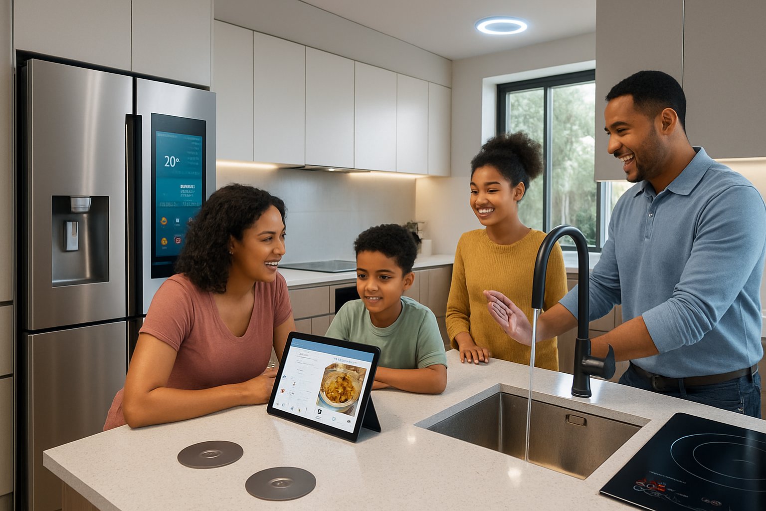 A bright, modern kitchen with smart appliances and a family using the space together.
